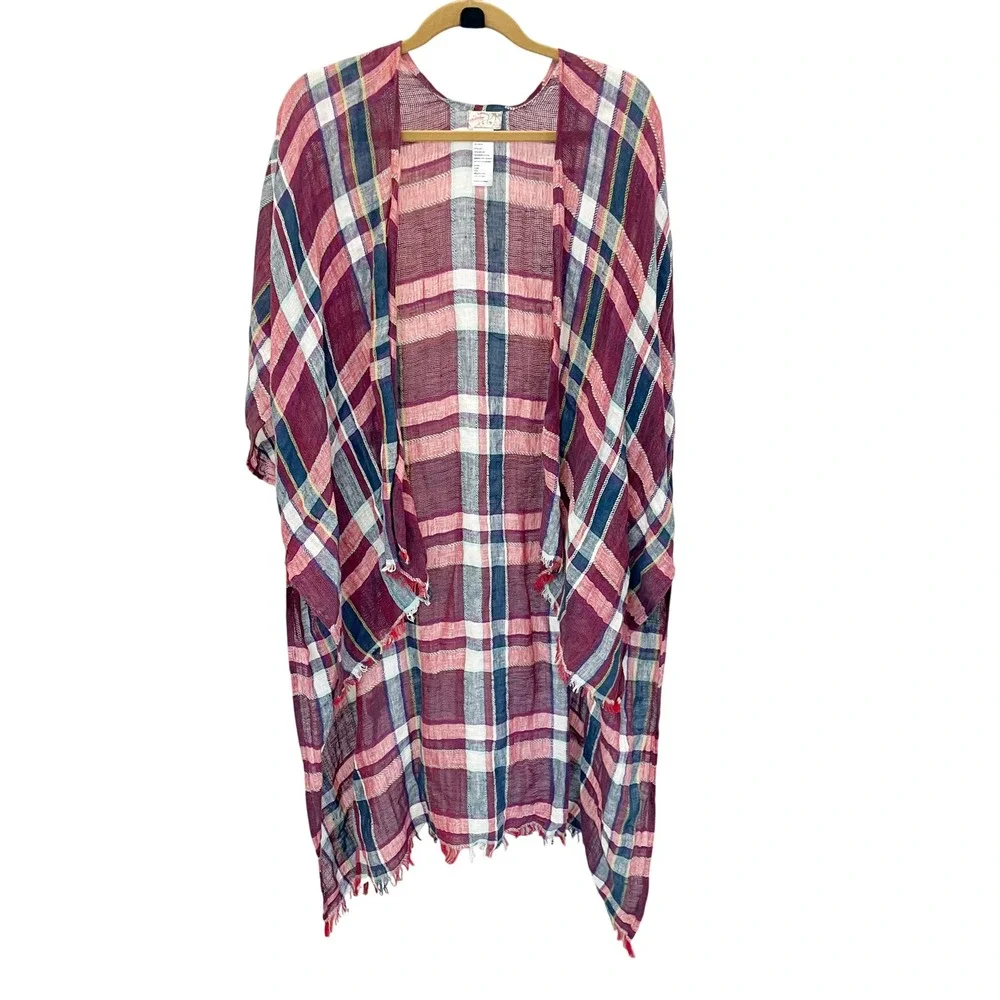 Free People‎ Reverie Plaid Kimono Red Linen Cotton Fringe Wrap Boho Western OS